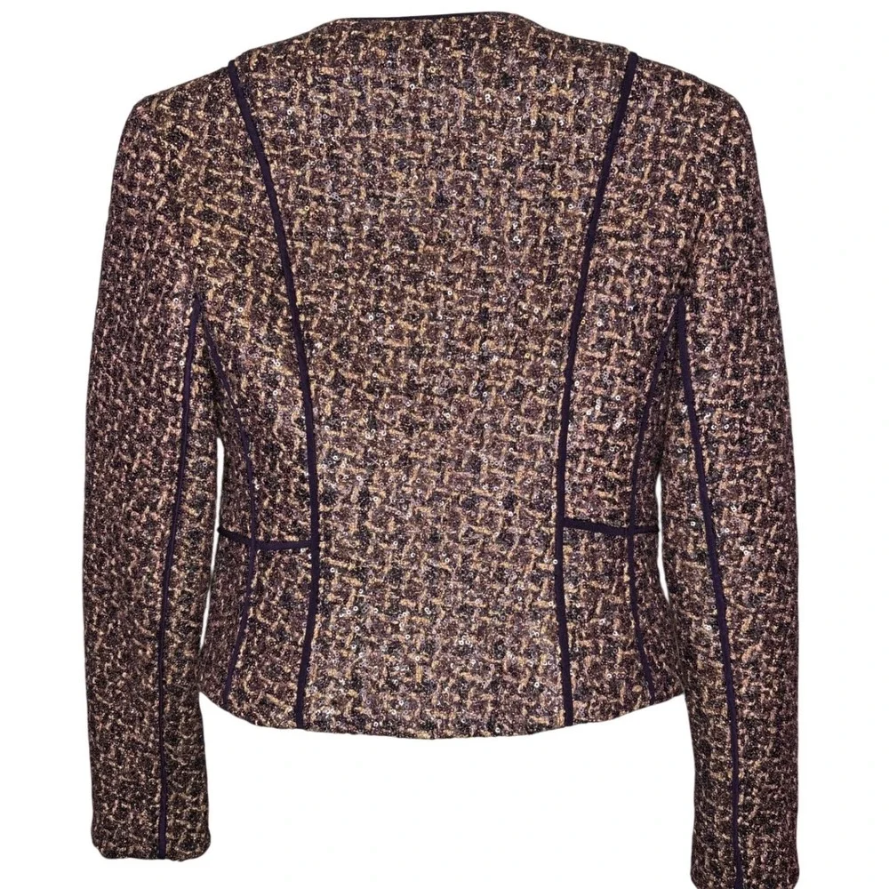 Tory Burch Womens Purple Sequin Metallic Tweed Cropped Jacket Sz 0 Career Preppy